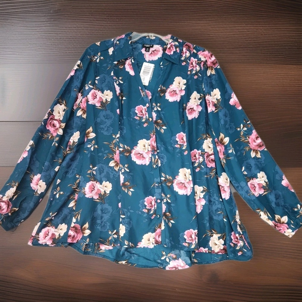 NWT Torrid Harper Blouse Fit & Flare Georgette Teal Floral Top Women Size 00 M/L
